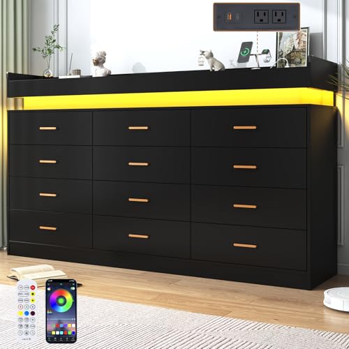 Image of jiteentarou 12 Drawer Dresser with Charging Station and LED Lights, Modern Chest of Drawers with Power Outlet, Organizer Cabinet for Bedroom, Living Room, Entryway, Black