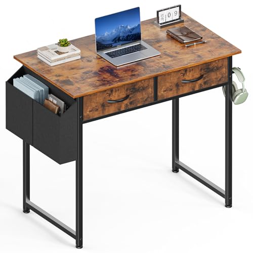 Sweetcrispy Computer Desk Small 32 Inch Home Office Bedroom Writing Study PC Table with Fabric Storage Drawers Space Side Bag Headphone Hook Adjustable Feet Modern Simple Style, Rustic Brown