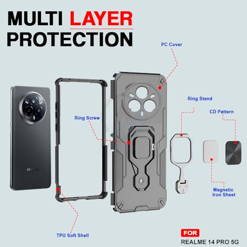 Image of AESTMO Armor Back Cover for Realme 14 Pro 5G | Ring Holder & Kickstand & Camera Protection in-Built | 360 Degree Protection Back Case Cover (Black)