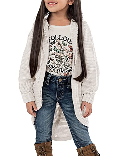 Girls' Long Cardigan Sweaters Lightweight Waffle Knit Batwing Sleeve Hooded Casual Outerwear 5-14 Years Beige #TOP23