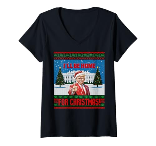 Donna Divertente maglione brutto Trump I'll Be Home For Christmas 2024 Maglietta con Collo a V