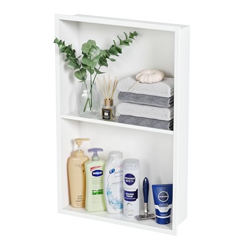 Neohomee Recessed Shower Niche with Shelf -2-Tier Stainless Steel Bathroom Wall Cabinet, No Tile Needed, Easy Install, Waterproof (White, 14x24In)