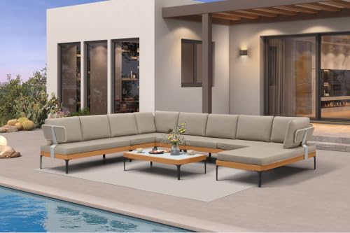 Image of PURPLE LEAF Patio Furniture Set Outdoor Sectional Sofa with Coffee Table Fade-Resistant Cushions Wicker U-Shaped 9 Pieces Aluminum Conversation Sets for Balcony Yard Poolside Garden, Taupe