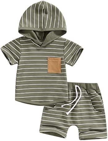 Cute Newborn Baby Boy Clothes Short Sleeve Hooded Tops with Pocket Drawstring Short Casual Summer Outfits (Army Green, 12-18 Months)