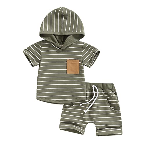 Cute Newborn Baby Boy Clothes Short Sleeve Hooded Tops With Pocket Drawstring Short Casual Summer Outfits (Army Green, 12-18 Months) #TOP2