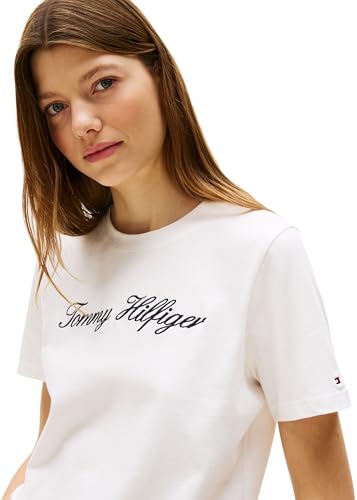 Tommy Hilfiger Donna T-Shirt Maniche Corte Script Regular Scollo Rotondo, Bianco (Nos Ecru), M - 3