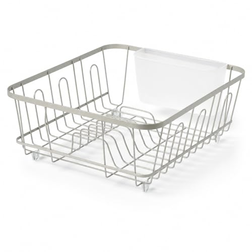 Small Steel Dish Drainer Rack, Brushed Nickel Freestanding Dish Drying Rack with Utensil Holder, Compact Kitchen Countertop Dish Organizer for Plates, Bowls, Cups and Everyday Kitchenware