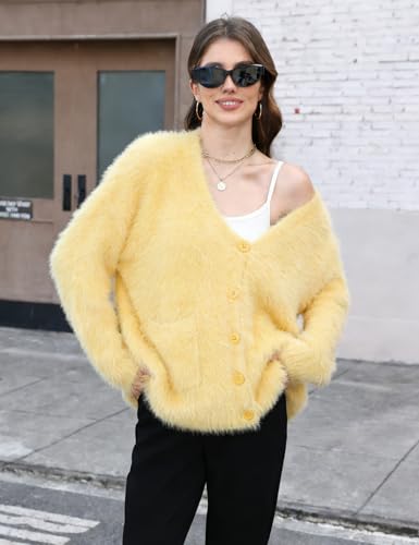 Wyeysyt Women's Fuzzy Cardigan Sweater V Neck Long Sleeve Button Down Knit Furry Sweaters with Pockets(Yellow-M) — view 2