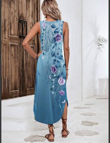 Image of Zeagoo Women Floral Summer Casual Beach Printed Tank Dress with Pockets Pleated Front Long Dress