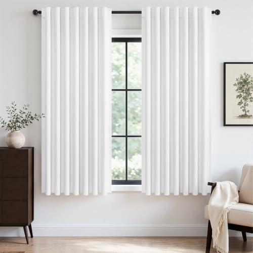 Topfinel White Black Out Curtains 63 Inch Long for Bedroom Rings Hooks Back Tab Thermal Insulated Short Linen Blackout Drapes Farmhouse Living Room Darkening Kitchen Curtains 52Wx63L
