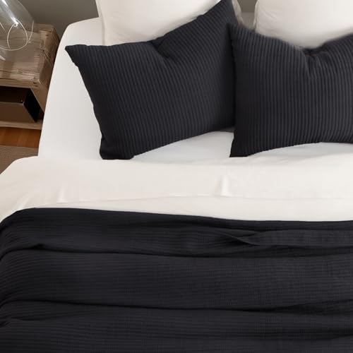 Image of EVERGRACEHOME Cotton Coverlet Set King Size 3 Pieces, Lightweight Soft Ribbed Matelasse Bedspread Quilt Set, Cozy Oversized Quilted Bedding Set with 2 Pillow Shams for All Seasons, Washed Black