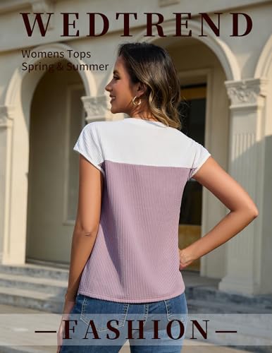Image of Wedtrend Women's Tops Cap Sleeve Ribbed Knit Sweater Spring Casual Shirts Crew Neck Block Color Business Pullover Blouse