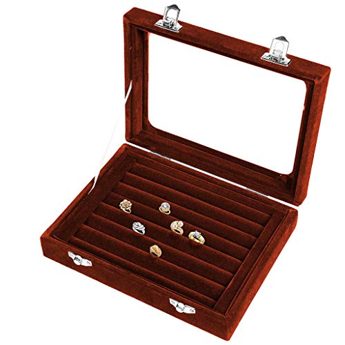 Velvet Jewellery Box Earring Storage Case 7 Slots Ring Display Organiser Tray Cufflink Storage Showcase with Clear Glass Lid Cover