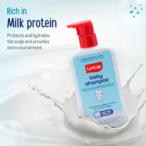 Image of LuvLap Milky Soft Baby Shampoo - 400ml, Tear Free Formula, with Milk Protein, Vitamin E & Coconut Oil, Shea Butter & Chamomile, Gentle Care for Baby's Soft Hair, No Paraben, Dermatologically Tested