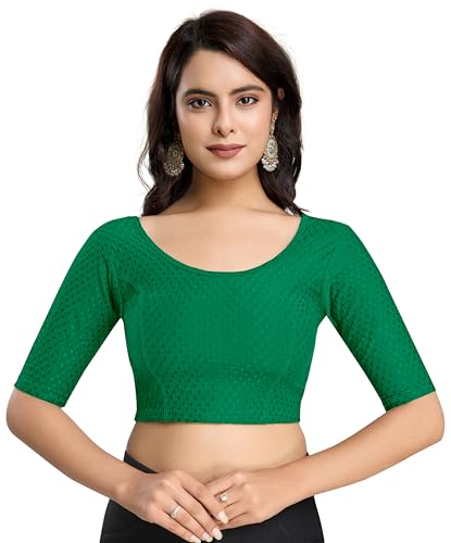 Image of TRENDMALLS Women's Dobby Pure Cotton Elastin Stretchable Readymade Round Neck Elbow Length Sleeves Blouse Choli Stylish Saree Blouse Ready to Wear