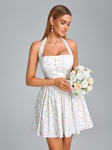 Image of Parthea Women's Floral Halter Mini Corset Dress Sleeveless A Line Flowy Cute Party Graduation Dress