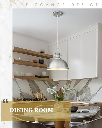 Image of 11.5 inch Brushed Nickel Pendant Light for Kitchen Island, Metal Shade | Industrial Vintage Hanging Light Fixture for Dining Room Entryway, Adjustable Height Cord, E26 Base, AD-2151-1PL-SN