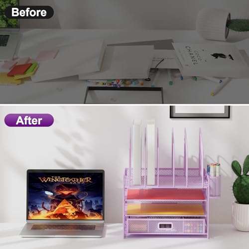 Image of Marbrasse Desk Organizers, 4-Tier Mesh Desk File Organizer with 5 Vertical File Holders and 2 Pen Holders, Multifunction Desktop Organizer,Desk Organizers and Accessories for Home Office (Purple)