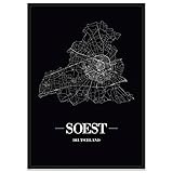 sostrene grene marseille JUNIWORDS Stadtplan Soest (Schrift A) in der Größe 40 x 60 cm auf schwarzem Hintergrund mit schwarzem Rahmen.