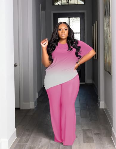 Women's Plus Size Two Piece Outfits Sweatsuits Sets Casual Short Sleeve Tops Baggy Wide Leg Pants Tracksuit Sets2