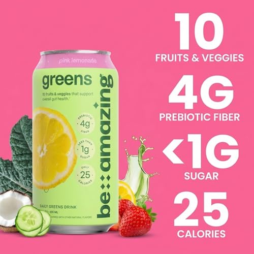 Image of Be Amazing Greens Drink, Pink Lemonade, Ready to Drink, 10 Organic Fruits & Vegetables, Coconut Water, Vitamin C, Prebiotic Fiber, 25 Calories, Low Sugar, Vegan, Gluten Free, On the Go, 8 Pack