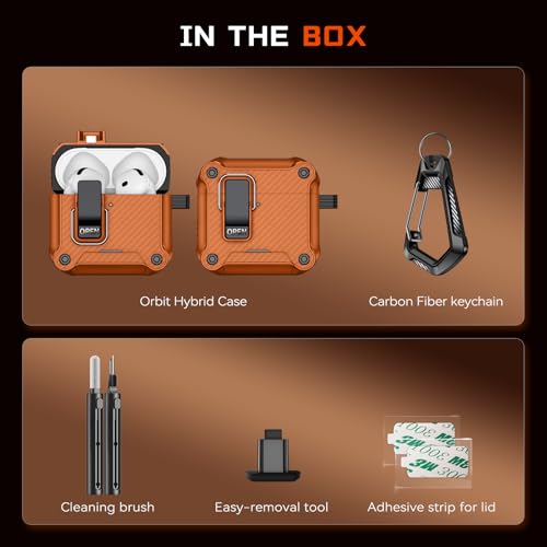 Image of Inesore for AirPods 4 Case with Secure Lock (Orange) | Phone Stand Design,Compatible with MagSafe,Automatic Snap Switch Secure Cover Carbon Fiber Texture with Cleaner Kit