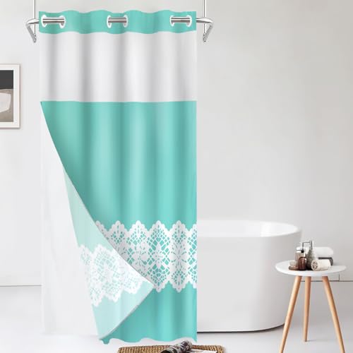 Shrahala Robin's Egg Blue Turquoise Shower Curtain with Snap in Liner Set, White Lace Floral No Hooks Stall Curtain Waterproof for Bathtubs Magnetic Hem 35.5 X 74 in