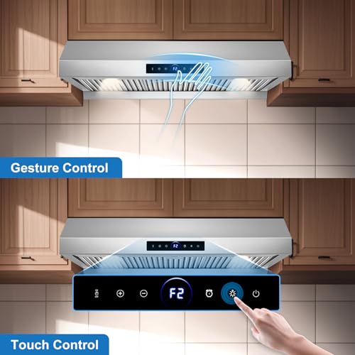 Image of 36 inch Under Cabinet Range Hood 1200 CFM with 4-Speed Gesture Sensing & Touch Control, Stainless Steel Kitchen Stove Vent Hoods with 2 LED Lights, Time Setting, Dishwasher-Safe Baffle Filters