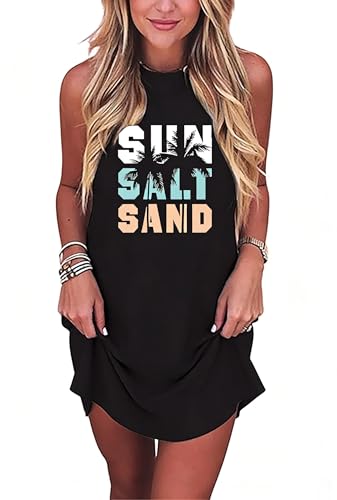 Image of Sun Salt Sand Coconut Tree Tank Mini Dress for Women Sleeveless Beach Praty Shirts Summer Vacation Short Mini Dresses