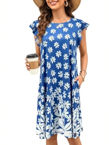YVH Women's Summer Flutter Sleeve Floral Dress with Pockets Loose Fit Beach Cover Up Sundress, Azure White Chrysanthemum, X-Large — view 5