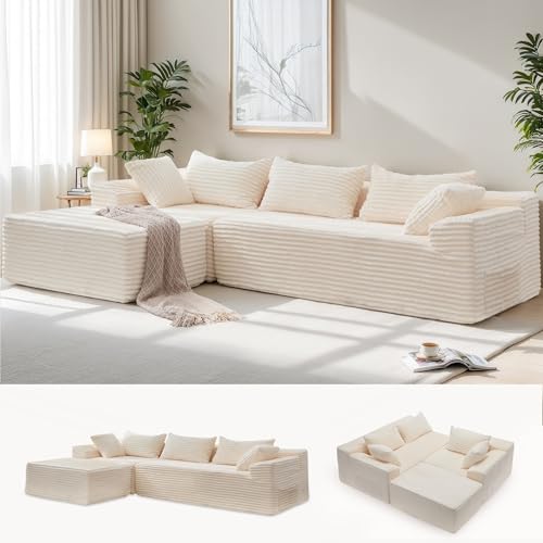 Image of Korser 108 inch L-Shaped Modular Sectional Sofa with Chaise, Boneless Comfy Corduroy Fluffy Couch with Deep Seat and Side Pockets, Flexible Module Combination for Living Room, No Assembly, Side Pockets