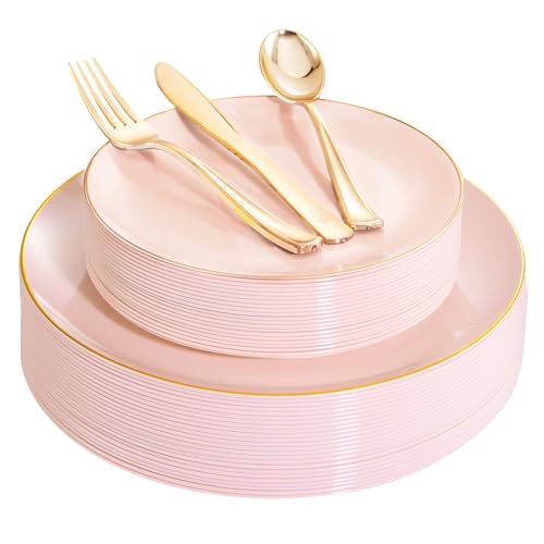 YOUBET 125PCS Pink Plastic Plates - Pink Disposable Plates With Gold Rim - Pinks and Gold Plates Include 25 Dinner Plates, 25 Dessert Plate, 75 Cutlery for Party Wedding Birthday YOUBET 125PCS Pink Plastic Plates - Pink Disposable Plates With Gold Rim - Pinks and Gold Plates Include 25 Dinner Plates, 25 Dessert Plate, 75 Cutlery for Party Wedding Birthday