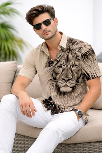 Image of Men's Watercolor Lion Print Button-Down Shirt, Short Sleeve, Casual Summer Wear, White