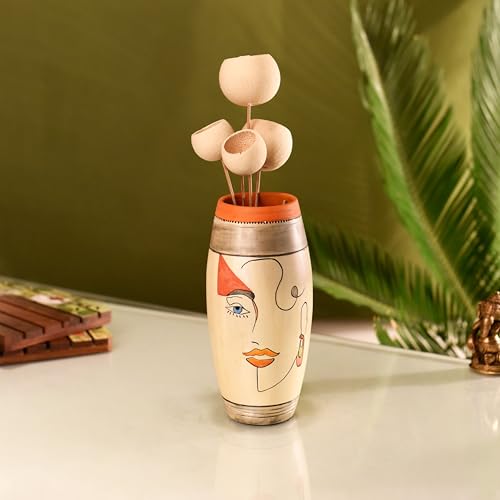 Image of Aakriti Art Creations Artistic Face Motif Terracotta Vase | Handmade Boho Decorative Vase with Matte Finish | Modern Multicolor Flower Vase for Living Room, Table Decor, Shelf Decor & Gifting
