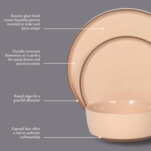 Image of Gibson Elite Northrock Stoneware Dinnerware Set, 12-Piece Service for 4 Plates and Bowls Set - Pink Dishes with Hand-Painted Terracotta Base