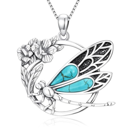 Genuine Turquoise Dragonfly Necklace, Sterling Silver Vintage Native American Western Jewelry Birthdays Gift for Women