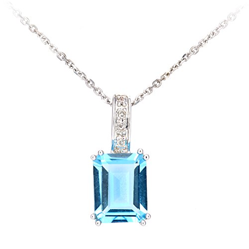Image of Naava Women's 9 ct Yellow Gold Diamond and Rectangle Cut Blue Topaz Pendant Necklace of Length 40 cm