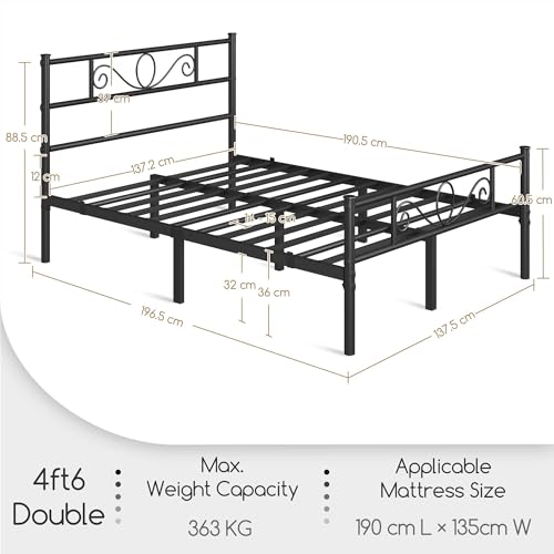 Yaheetech Metal Double Platform Bed 4ft6 Bed Frame Solid Bedstead Base with Scroll Design Headboard/Footboard Black