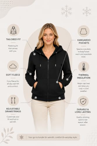 Image of HOODLIFE Women's Zip-Up Hoodie Sweatshirt - Soft Cotton Fleece Jacket with Hood, Full Zipper, Kangaroo Pocket, Casual Winter Hoodie for Women