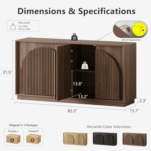 Image of win2win 65 inch Sideboard Buffet Cabinet with Storage, Modular Credenza, Walnut