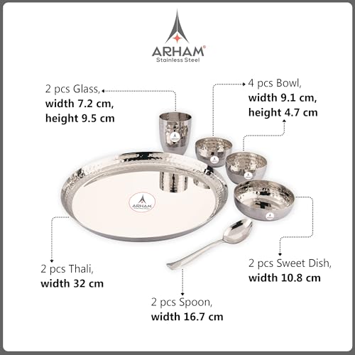 Image of Arham Stainless Steel Dinner Set | 12 Pcs (Big 2 Set) | Premium Heavy Weight Hammered Dinner Set for Gift | 12 Pcs (2 Plate, 2 Halwa Plate,4 Bowl /Wati, 2 Glass, 2 Spoon) | Premium DinnerWare