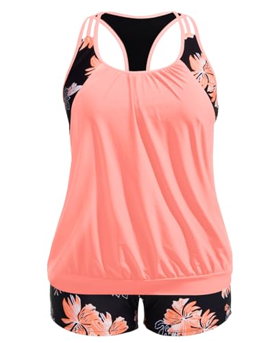 Image of Womens Plus Size Tankini Swimsuit Two Piece Tummy Control Bathing Suit | Blouson Racerback Tankini Top with Shorts, Double Up Design, Removable Pad