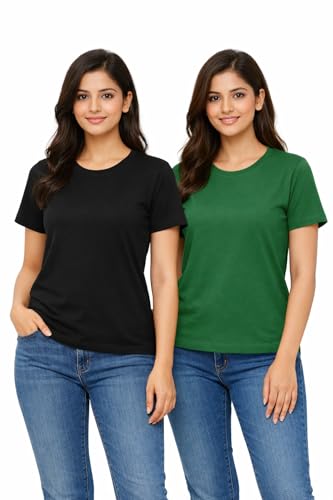 Image of Hangout Hub HH95 Tshirt for Womens | Regular Fit | Super Combed Cotton Women T-Shirt | Solid Plain Tees | Round Neck T Shirt | Half | Pack of 2 | 3 | 4 | 5 | 6