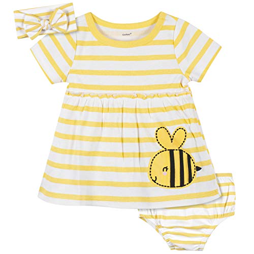 Gerber Baby Girls' 3-Piece Dress, Diaper Cover and Headband Set, Yellow Bumblebee, 3-6 Months