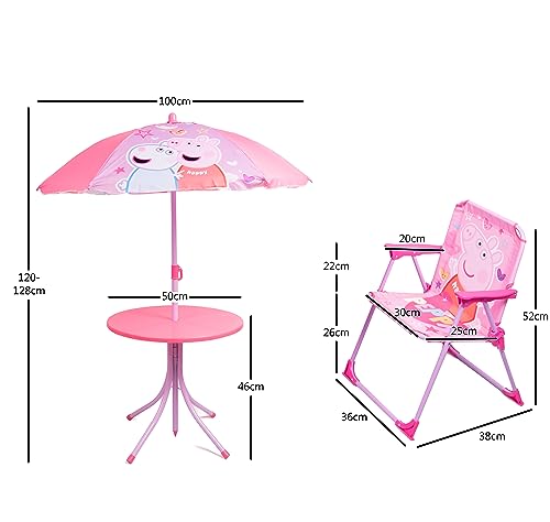 Peppa Pig Patio Set Kid's Garden Furniture 4-Piece Kids Patio Set With Table, 2 x Chairs, Adjustable Parasol Cartoon Design For Children (Peppa Pig)