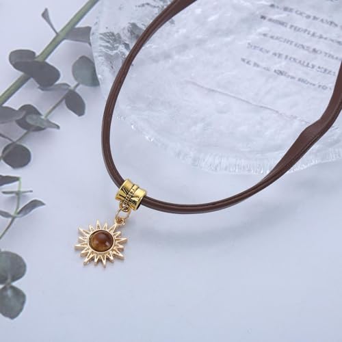 Xmsrn Vintage Sonnenblume Tigerauge Choker Halskette - Braun Wildleder Boho Cord für Frauen