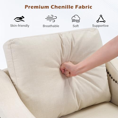 Image of 4-Piece Living Room Sofa Set with Coffee Table, Vintage Rivet Couch Sets with Solid Wood Legs, Sofas Furniture of Ottoman with Storage Space, Armchair, Loveseat and 3-Seat Sofa, Beige