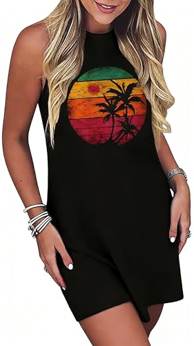 Image of Sun Salt Sand Coconut Tree Tank Mini Dress for Women Sleeveless Beach Praty Shirts Summer Vacation Short Mini Dresses