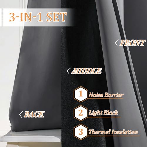 Ryb Home RHGMBLK2LSA2-5284B01 Soundproof Curtains 84 Inches - 3 Layers Blackout Curtains Noise Cancelling Thermal Insulted Drapes thumb #3