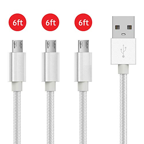 Talk Works Micro Usb Cable 3 Pack 6Ft Long Android Phone Charger Braided Heavy Duty Fast Charging Cord For Samsung Galaxy S6 / S7, Tablet, Bluetooth Speaker, Wireless Earbuds Headphones - Silver #TOP1